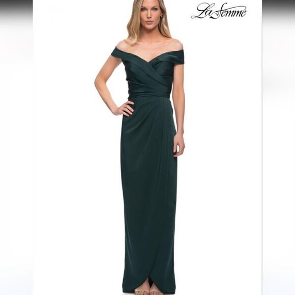 NWT La Femme V neck left side slit gown - Picture 2 of 8